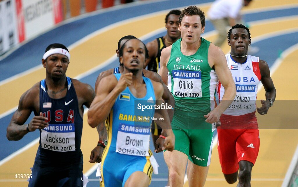 13 March 2010; Ireland's David Gillick on his way to finishing in 5th place in the Men's 400m final at the 13th IAAF World Indoor Athletics Championships, Doha, Qatar. David Gillick was later disqualified from the race for obstruction. Picture credit: Pat Murphy / SPORTSFILE