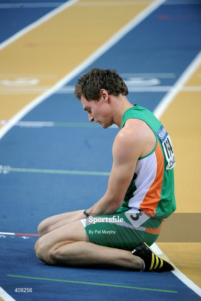13 March 2010; Ireland's David Gillick shows his disappointment after finishing in 5th position in the Men's 400m final at the 13th IAAF World Indoor Athletics Championships, Doha, Qatar. David Gillick was later disqualified from the race for obstruction. Picture credit: Pat Murphy / SPORTSFILE