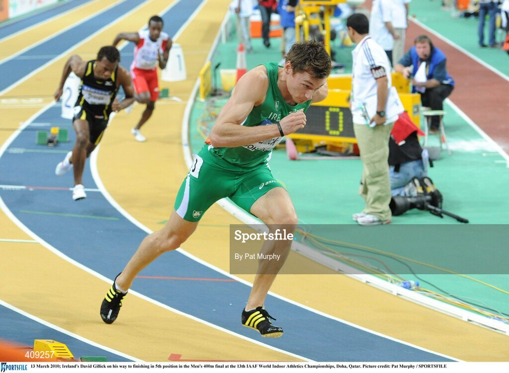 13 March 2010; Ireland's David Gillick on his way to finishing in 5th position in the Men's 400m final at the 13th IAAF World Indoor Athletics Championships, Doha, Qatar. David Gillick was later disqualified from the race for obstruction. Picture credit: Pat Murphy / SPORTSFILE