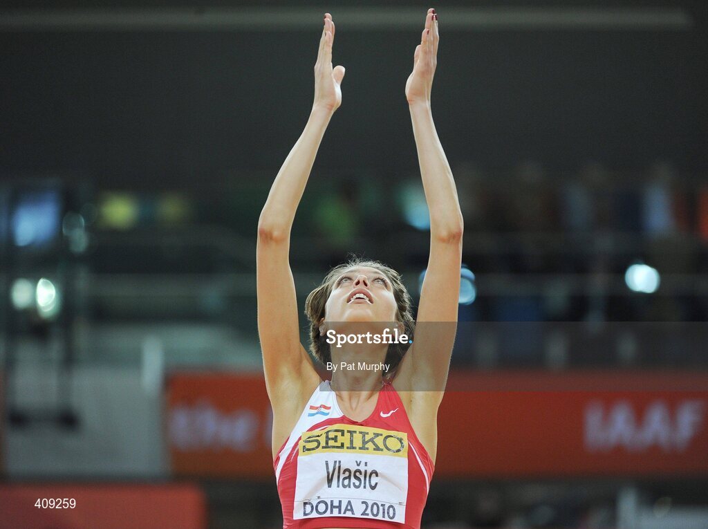 13 March 2010; Croatia's Blanka Vlasic looks to the heavens as she celebrates after winning the Women's High Jump final at the 13th IAAF World Indoor Athletics Championships, Doha, Qatar. Picture credit: Pat Murphy / SPORTSFILE