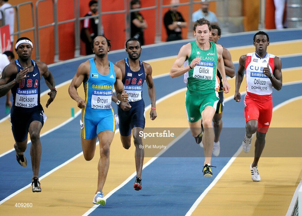 13 March 2010; Ireland's David Gillick on his way to finishing in 5th place in the Men's 400m final at the 13th IAAF World Indoor Athletics Championships, Doha, Qatar. David Gillick was later disqualified from the race for obstruction. Picture credit: Pat Murphy / SPORTSFILE