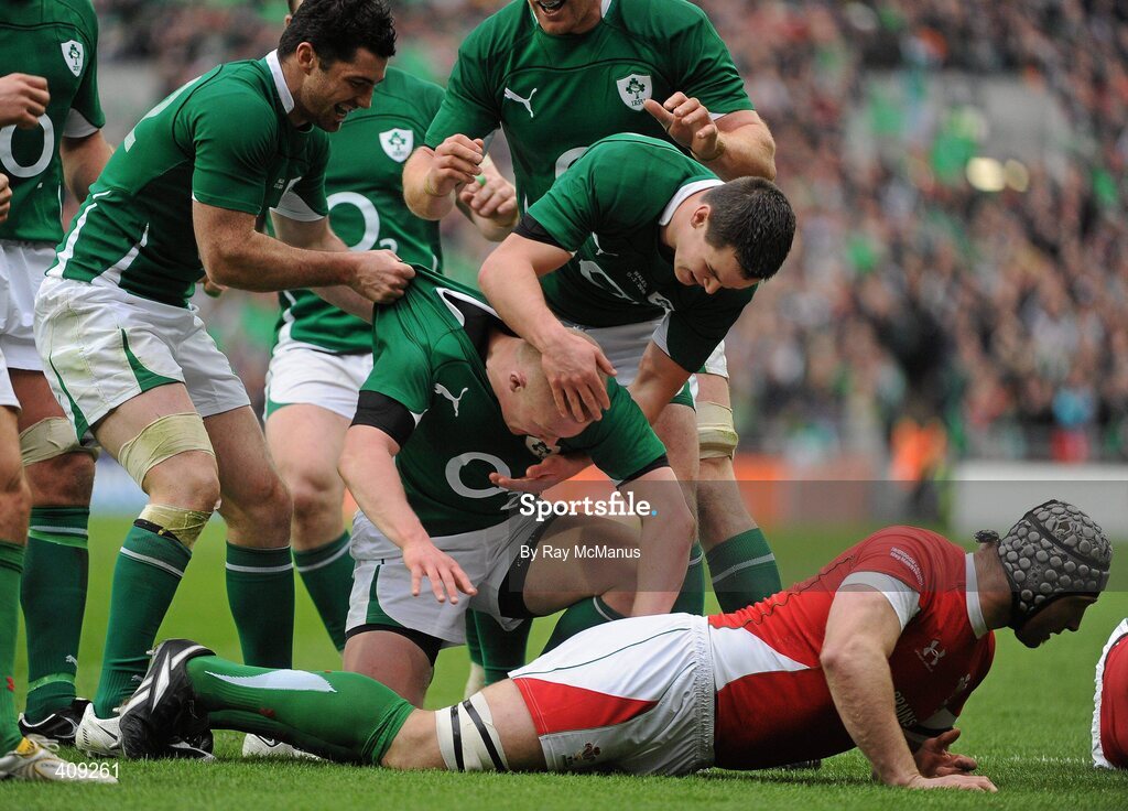 13 March 2010; Ireland players run in to congratulate team-mate Keith Earls after scoring his second and his side's third try of the game. RBS Six Nations Rugby Championship, Ireland v Wales, Croke Park, Dublin. Picture credit: Ray McManus / SPORTSFILE