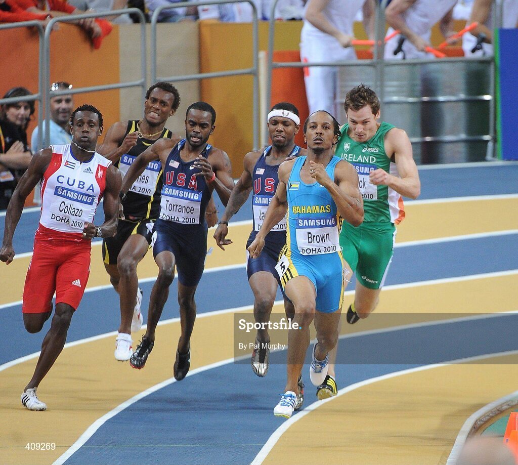 13 March 2010; Ireland's David Gillick coming off the final bend during the Men's 400m final where he was disqualified for obstruction. 13th IAAF World Indoor Athletics Championships, Doha, Qatar. Picture credit: Pat Murphy / SPORTSFILE