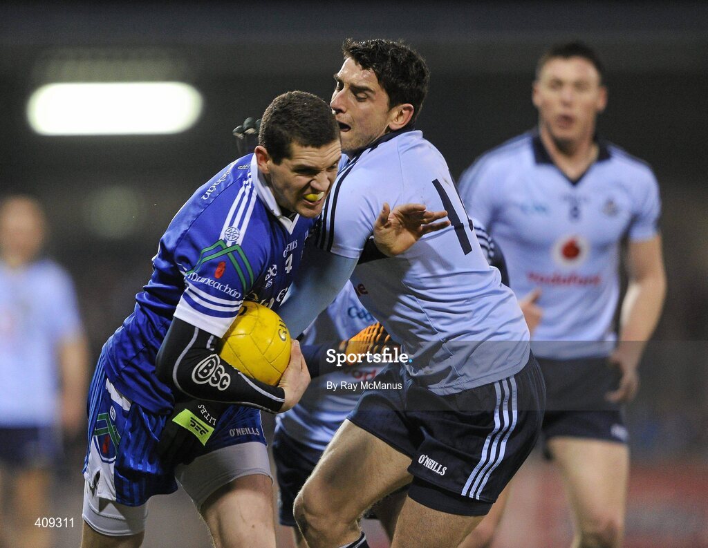 13 March 2010; Colm Greenan, Monaghan, is tackled by Bernard Brogan, Dublin. Allianz GAA Football National League, Division 1, Round 4, Dublin v Monaghan, Parnell Park, Dublin. Picture credit: Ray McManus / SPORTSFILE