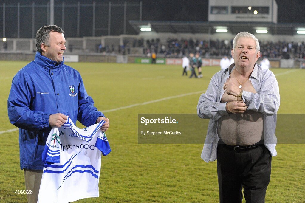 13 March 2010; Horse trainer Oliver Brady and Monaghan supporter prepares to swap his shirt for a Monaghan jersey, being held by Paul Curran, Monaghan County Board Chairman, before the game. Allianz GAA Football National League, Division 1, Round 4, Dublin v Monaghan, Parnell Park, Dublin. Picture credit: Stephen McCarthy / SPORTSFILE