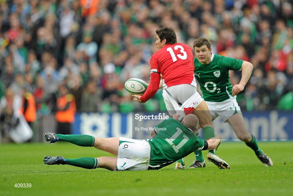 13 March 2010; Keith Earls, Ireland, holds on to the shorts of James Hook, Wales. RBS Six Nations Rugby Championship, Ireland v Wales, Croke Park, Dublin. Picture credit: Ray McManus / SPORTSFILE
