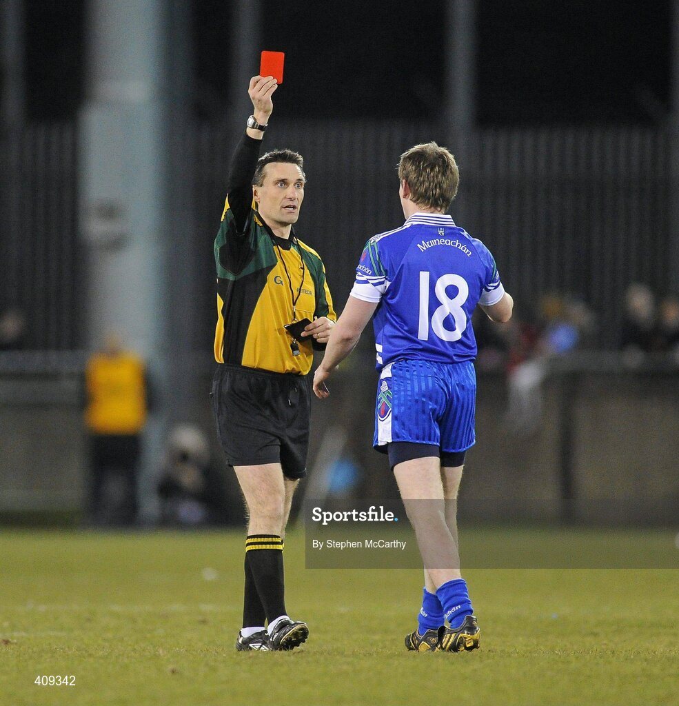 13 March 2010; Dessie Mone, Monaghan, is sent off by referee Maurice Deegan. Allianz GAA Football National League, Division 1, Round 4, Dublin v Monaghan, Parnell Park, Dublin. Picture credit: Stephen McCarthy / SPORTSFILE