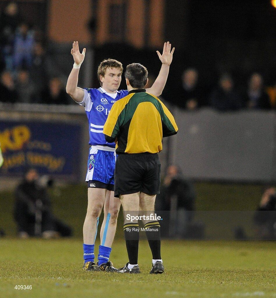 13 March 2010; Monaghan's Dessie Mone pleads with referee Maurice Deegan before he is shown a second yellow card. Allianz GAA Football National League, Division 1, Round 4, Dublin v Monaghan, Parnell Park, Dublin. Picture credit: Ray McManus / SPORTSFILE
