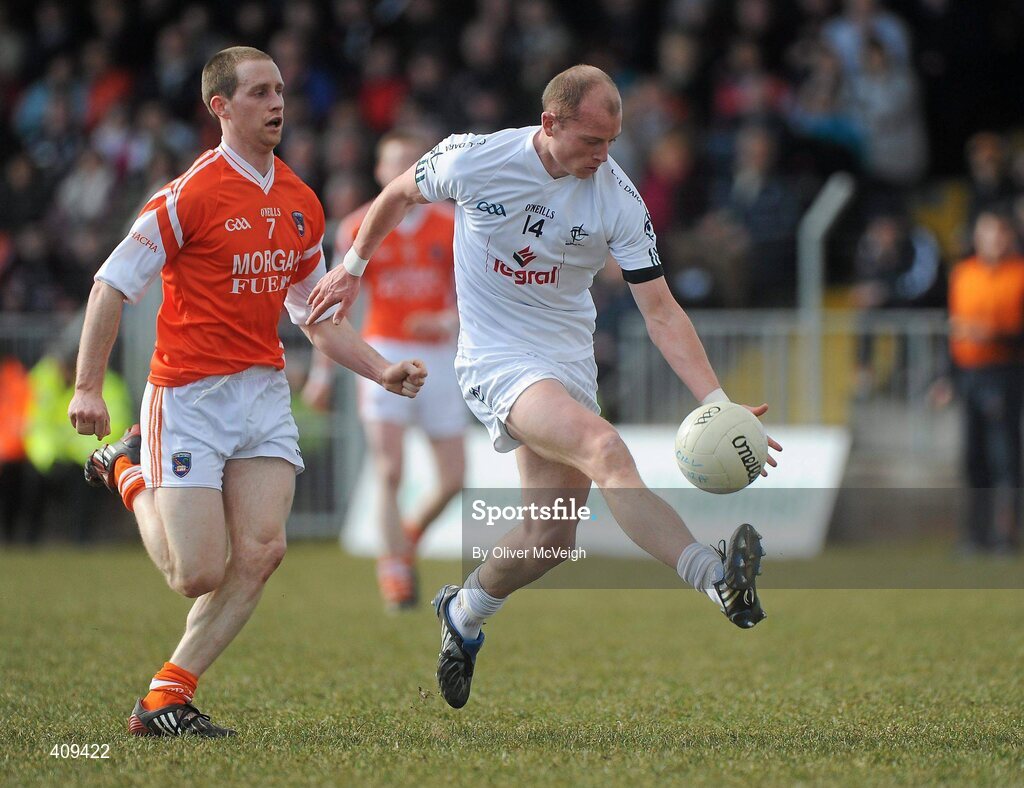 14 March 2010; James Kavanagh, Kildare, in action against Finnian Moriarty, Armagh. Allianz GAA Football National League, Division 2, Round 4, Armagh v Kildare, St Oliver Plunkett Park, Crossmaglen, Co. Armagh. Picture credit: Oliver McVeigh / SPORTSFILE