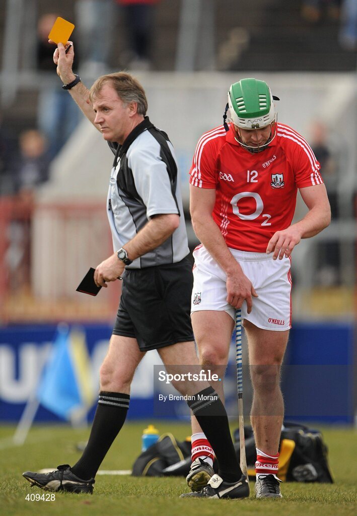 14 March 2010; Niall McCarthy, Cork, is shown a yellow card by referee Dickie Murphy. Allianz GAA Hurling National League, Division 1, Round 3, Cork v Kilkenny, Pairc Ui Chaoimh, Cork. Picture credit: Brendan Moran / SPORTSFILE