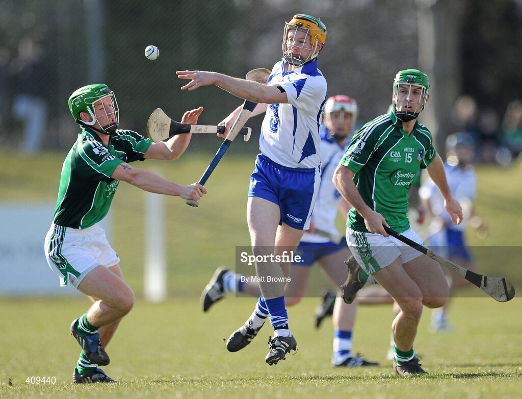 14 March 2010; Aidan Kearney, Waterford, in action against Cathal Mullane, left, and Alan O'Connor, Limerick. Allianz GAA Hurling National League, Division 1, Round 3, Waterford v Limerick, Fraher Field, Dungarvan, Co. Waterford. Picture credit: Matt Browne / SPORTSFILE