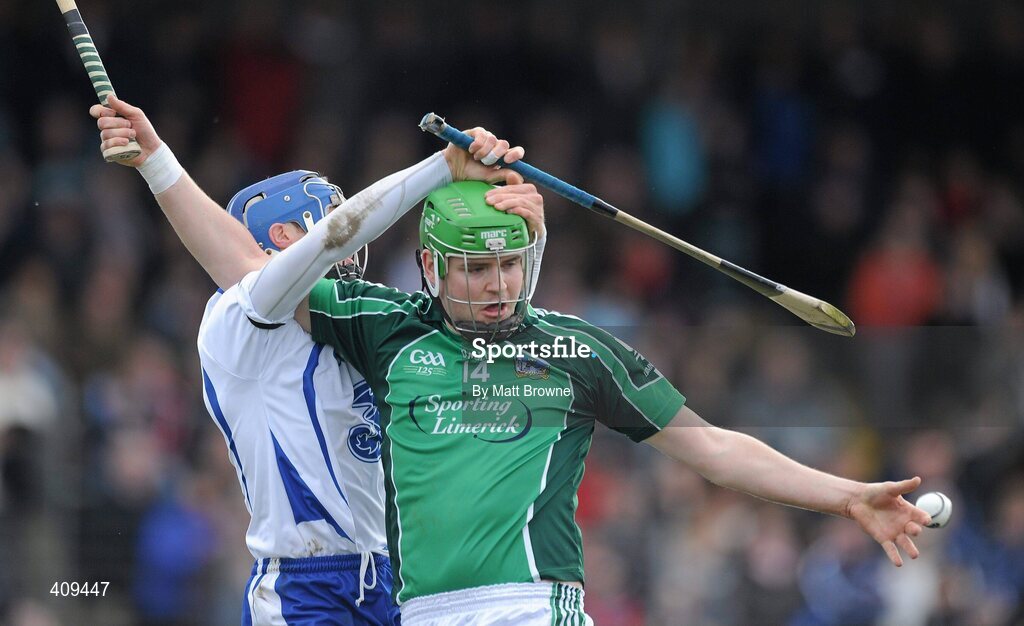 14 March 2010; Paudie McNamara, Limerick, in action against Mark O'Brien, Waterford. Allianz GAA Hurling National League, Division 1, Round 3, Waterford v Limerick, Fraher Field, Dungarvan, Co. Waterford. Picture credit: Matt Browne / SPORTSFILE