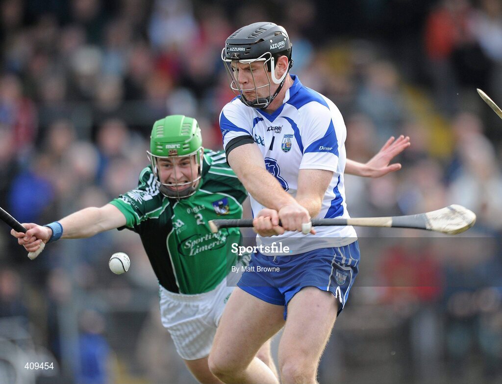 14 March 2010; Kevin Moran, Waterford, scores the second goal of the game past the challenge of David Lynch, Limerick. Allianz GAA Hurling National League, Division 1, Round 3, Waterford v Limerick, Fraher Field, Dungarvan, Co. Waterford. Picture credit: Matt Browne / SPORTSFILE