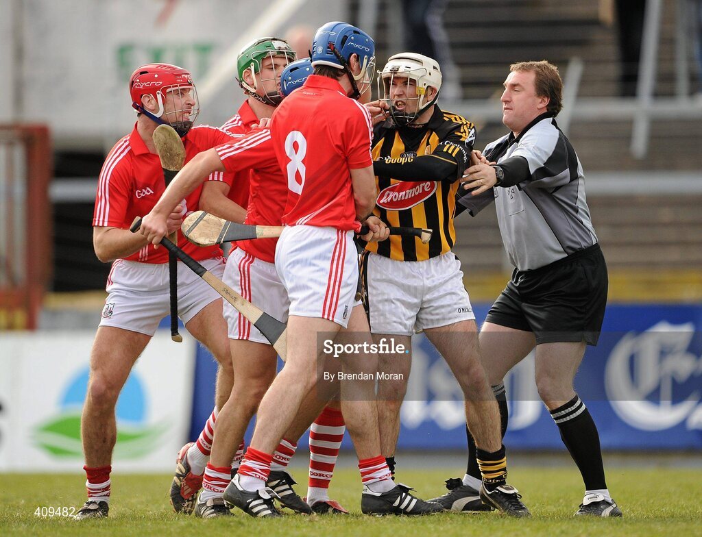 14 March 2010; Cork players get involved with Kilkenny's Michael Grace, as linesman Michael Wadding attempts to intervene. Subsequently Michael Grace was shown a red card by referee Dickie Murphy. Allianz GAA Hurling National League, Division 1, Round 3, Cork v Kilkenny, Pairc Ui Chaoimh, Cork. Picture credit: Brendan Moran / SPORTSFILE