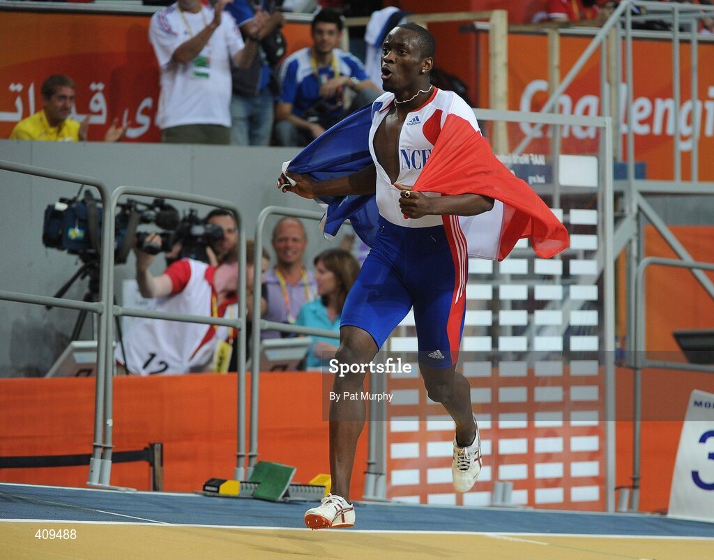 14 March 2010; Teddy Tamgho, France, celebrates after setting a new world record of 17.90m in the final of the Men's Triple Jump at the 13th IAAF World Indoor Athletics Championships, Doha, Qatar. Picture credit: Pat Murphy / SPORTSFILE