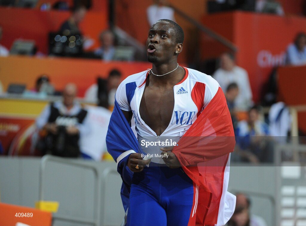 14 March 2010; Teddy Tamgho, France, celebrates after setting a new world record of 17.90m in the final of the Men's Triple Jump at the 13th IAAF World Indoor Athletics Championships, Doha, Qatar. Picture credit: Pat Murphy / SPORTSFILE
