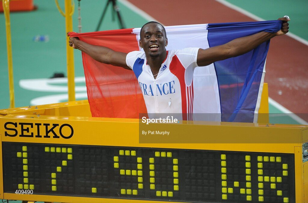 14 March 2010; Teddy Tamgho, France, celebrates after setting a new world record of 17.90m in the final of the Men's Triple Jump at the 13th IAAF World Indoor Athletics Championships, Doha, Qatar. Picture credit: Pat Murphy / SPORTSFILE