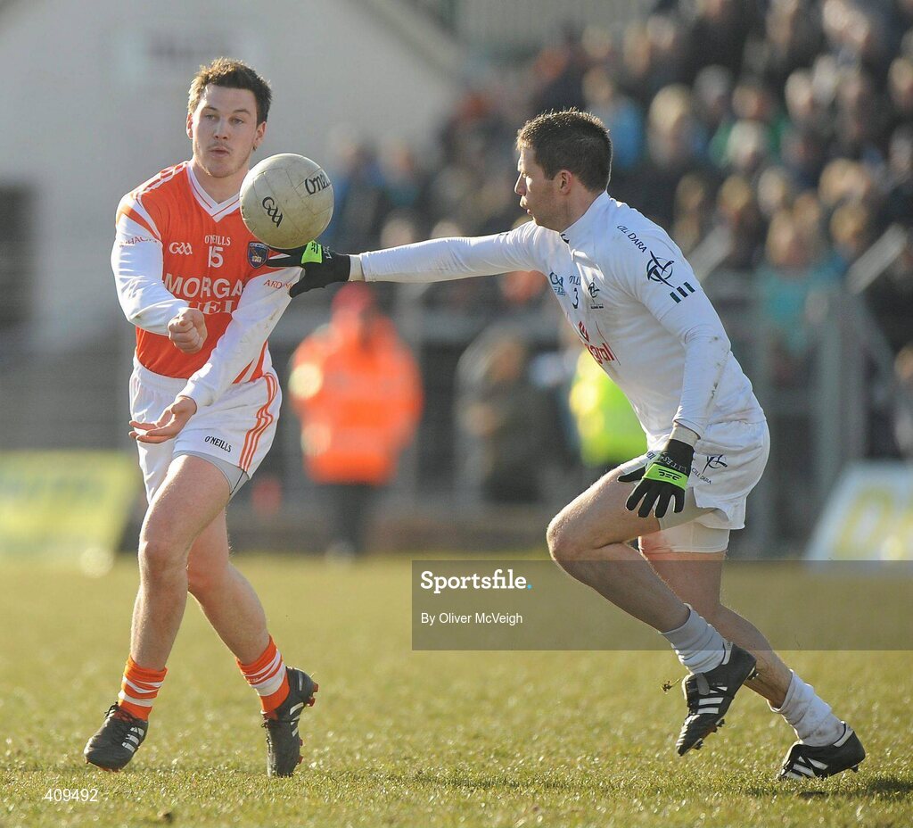 14 March 2010; Stefan Forker, Armagh, in action against Damien Hendy, Kildare. Allianz GAA Football National League, Division 2, Round 4, Armagh v Kildare, St Oliver Plunkett Park, Crossmaglen, Co. Armagh. Picture credit: Oliver McVeigh / SPORTSFILE