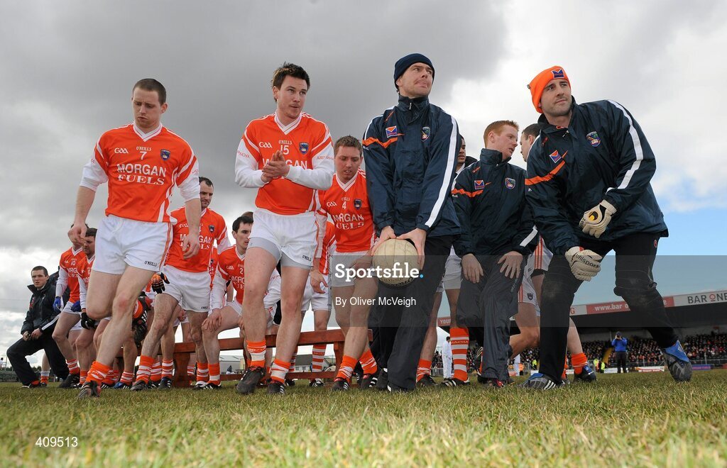 14 March 2010; The Armagh squad break after the traditional team picture. Allianz GAA Football National League, Division 2, Round 4, Armagh v Kildare, St Oliver Plunkett Park, Crossmaglen, Co. Armagh. Picture credit: Oliver McVeigh / SPORTSFILE