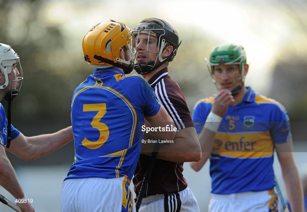 14 March 2010; Joe Gantley, Galway, and Padraic Maher, Tipperary, challenge each other during the match. Allianz GAA Hurling National League, Division 1, Round 3, Tipperary v Galway, Semple Stadium, Thurles, Co. Tipperary. Picture credit: Brian Lawless / SPORTSFILE