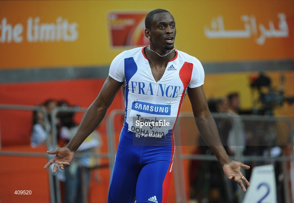 14 March 2010; Teddy Tamgho, France, celebrates after setting a new world record of 17.90m in the final of the Men's Triple Jump at the 13th IAAF World Indoor Athletics Championships, Doha, Qatar. Picture credit: Pat Murphy / SPORTSFILE