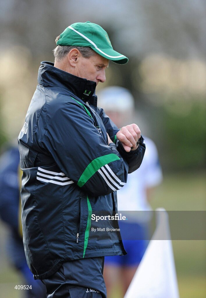14 March 2010; Limerick manager Justin McCarthy checks his watch during the game. Allianz GAA Hurling National League, Division 1, Round 3, Waterford v Limerick, Fraher Field, Dungarvan, Co. Waterford. Picture credit: Matt Browne / SPORTSFILE
