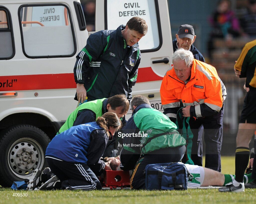 14 March 2010; Limerick goalkeeper Tadhg Flynn is attended to by medics after receiving an injury during the game. Allianz GAA Hurling National League, Division 1, Round 3, Waterford v Limerick, Fraher Field, Dungarvan, Co. Waterford. Picture credit: Matt Browne / SPORTSFILE