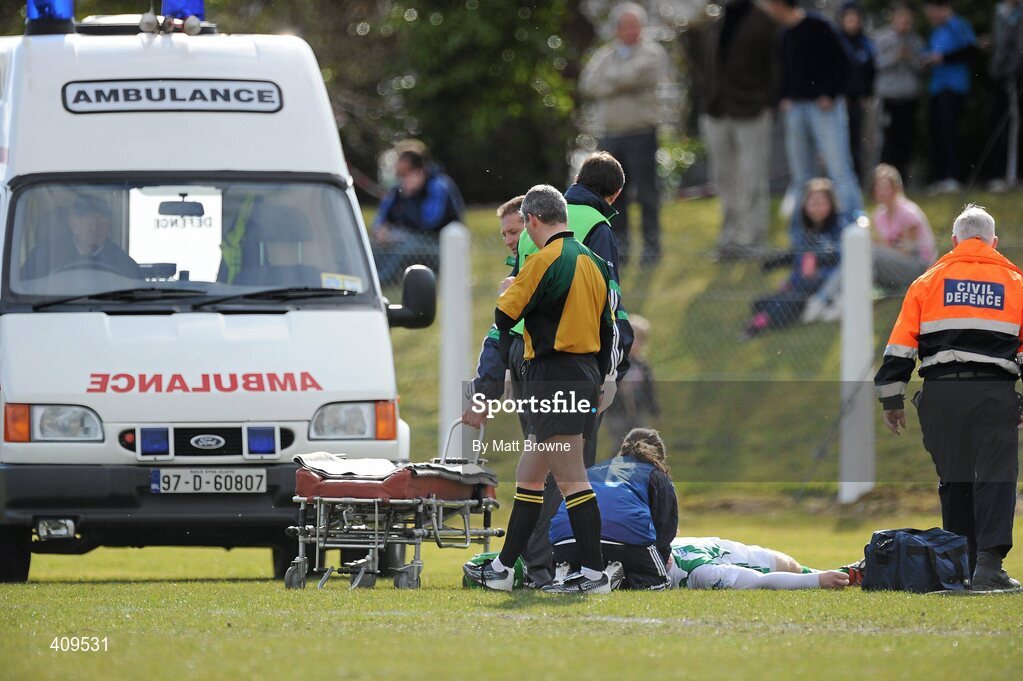 14 March 2010; Limerick goalkeeper Tadhg Flynn is attended to by medics after receiving an injury during the game. Allianz GAA Hurling National League, Division 1, Round 3, Waterford v Limerick, Fraher Field, Dungarvan, Co. Waterford. Picture credit: Matt Browne / SPORTSFILE