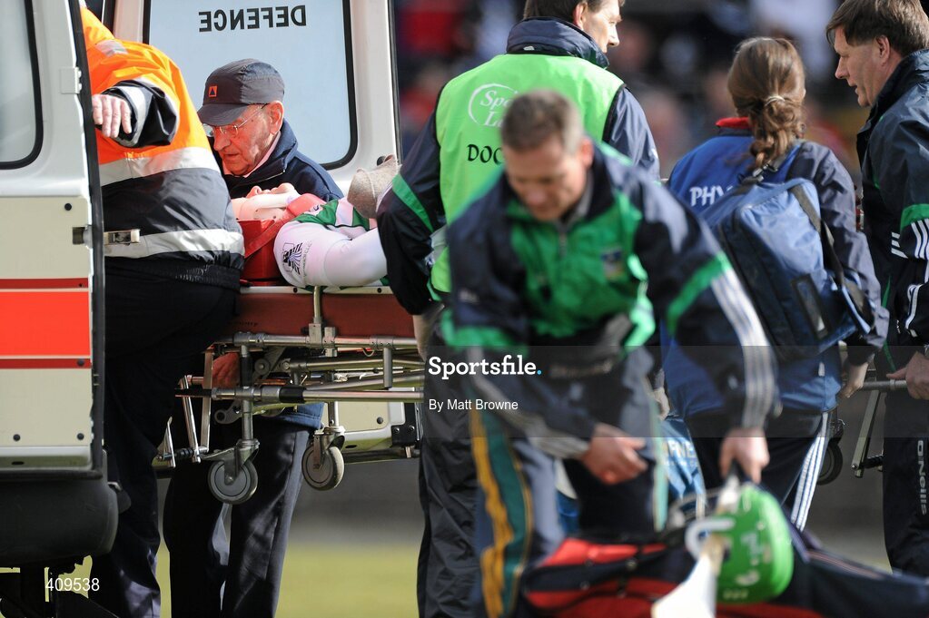 14 March 2010; Limerick goalkeeper Tadhg Flynn is lifted into an ambulance by medics after receiving an injury during the game. Allianz GAA Hurling National League, Division 1, Round 3, Waterford v Limerick, Fraher Field, Dungarvan, Co. Waterford. Picture credit: Matt Browne / SPORTSFILE