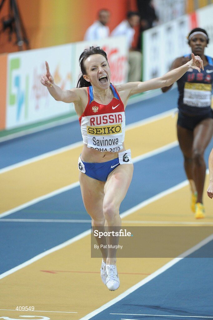 14 March 2010; Mariya Savinova, Russia, celebrates as she crosses the finish line to win the Women's 800m final at the 13th IAAF World Indoor Athletics Championships, Doha, Qatar. Picture credit: Pat Murphy / SPORTSFILE