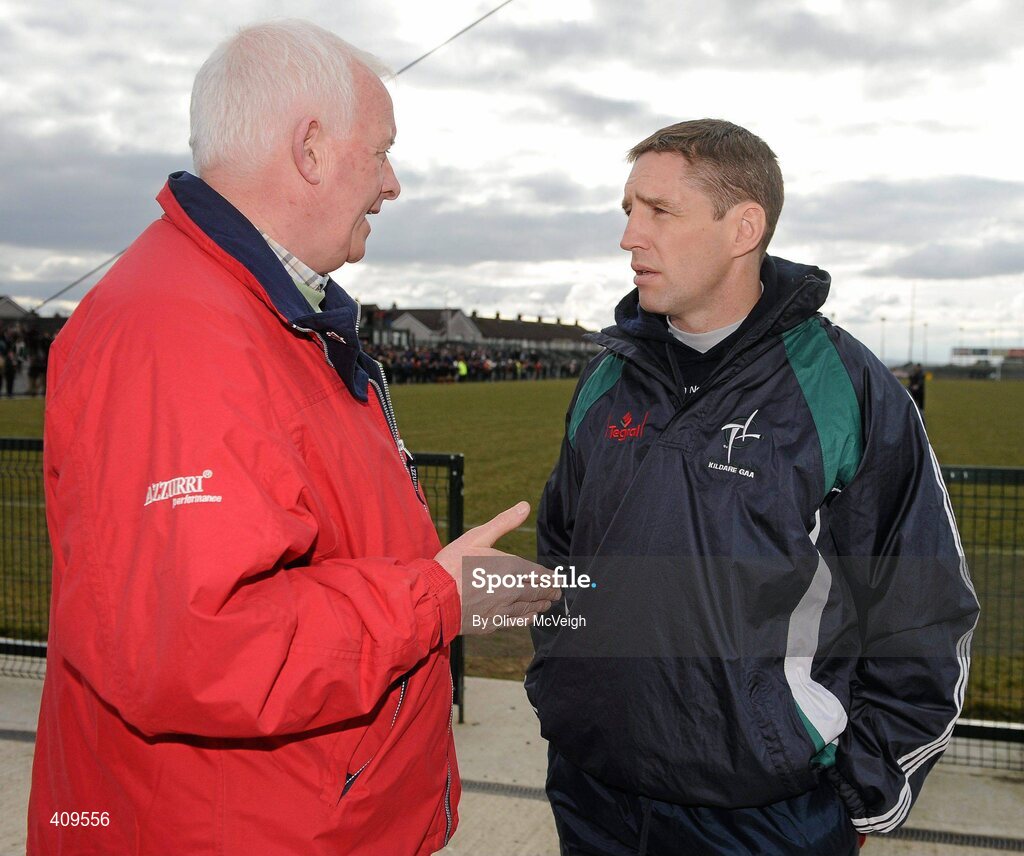 14 March 2010; Kildare manager Kieran McGeeney, right, speaking to Armagh 1977 All-Ireland final captain Jimmy Smyth after the game. Allianz GAA Football National League, Division 2, Round 4, Armagh v Kildare, St Oliver Plunkett Park, Crossmaglen, Co. Armagh. Picture credit: Oliver McVeigh / SPORTSFILE