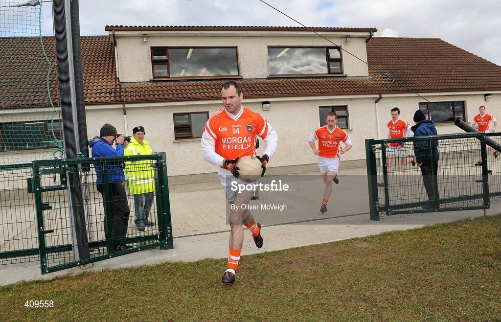 14 March 2010; Armagh captain Steven McDonnell leads his team onto the field. Allianz GAA Football National League, Division 2, Round 4, Armagh v Kildare, St Oliver Plunkett Park, Crossmaglen, Co. Armagh. Picture credit: Oliver McVeigh / SPORTSFILE