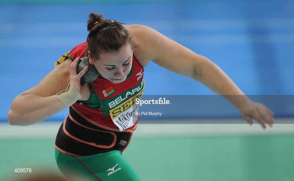 14 March 2010; Natallia Mikhnevich, Belarus, on her way to 3rd place in the Women's Shot Putt Final at the 13th IAAF World Indoor Athletics Championships, Doha, Qatar. Picture credit: Pat Murphy / SPORTSFILE