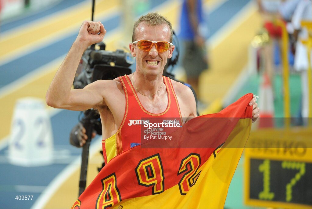 14 March 2010; Sergio Sánchez, Spain, celebrates after finishing in second place in the Men's 3000m Final at the 13th IAAF World Indoor Athletics Championships, Doha, Qatar. Picture credit: Pat Murphy / SPORTSFILE