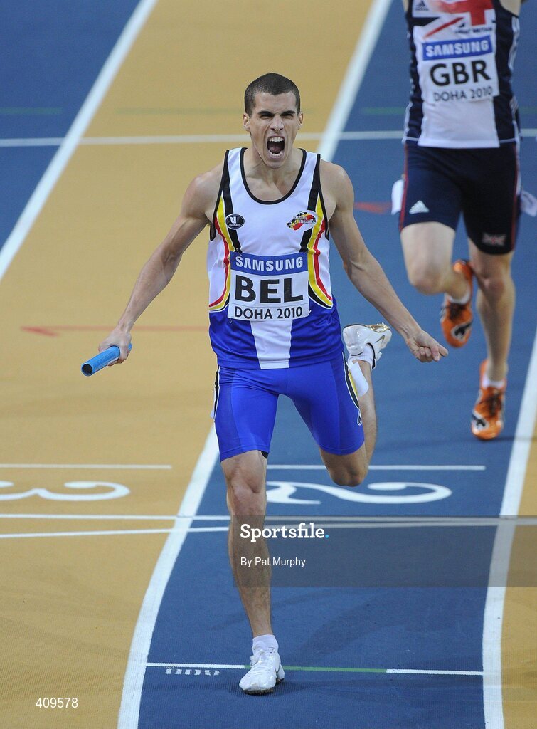 14 March 2010; Jonathan Borlée, Belgium 4x400m relay team, celebrates as he crosses the finish line in second place during the Men's 4x400m relay final at the 13th IAAF World Indoor Athletics Championships, Doha, Qatar. Picture credit: Pat Murphy / SPORTSFILE