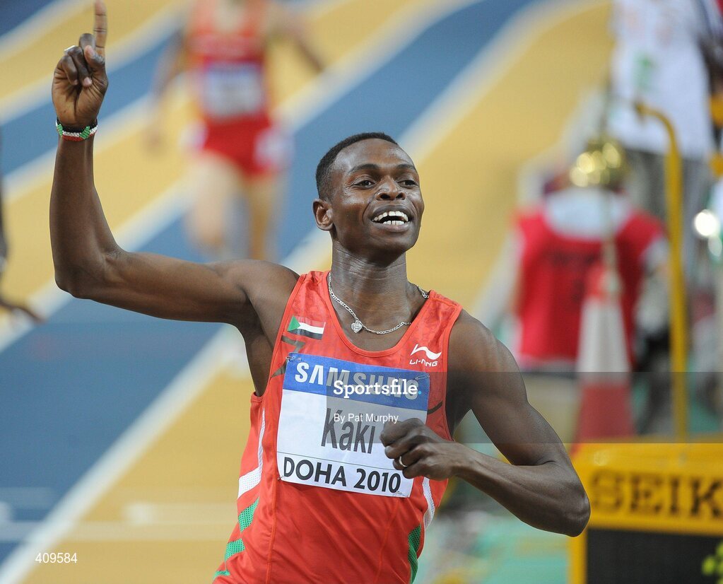 14 March 2010; Abubaker Kaki, Sudan, celebrates after winning the Men's 800m Final at the 13th IAAF World Indoor Athletics Championships, Doha, Qatar. Picture credit: Pat Murphy / SPORTSFILE