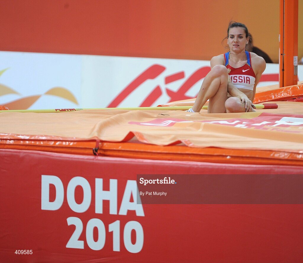 14 March 2010; Elena Isinbaeva, Russia, shows her disapointment after being eliminated from the Women's Pole Vault final at the 13th IAAF World Indoor Athletics Championships, Doha, Qatar. Picture credit: Pat Murphy / SPORTSFILE