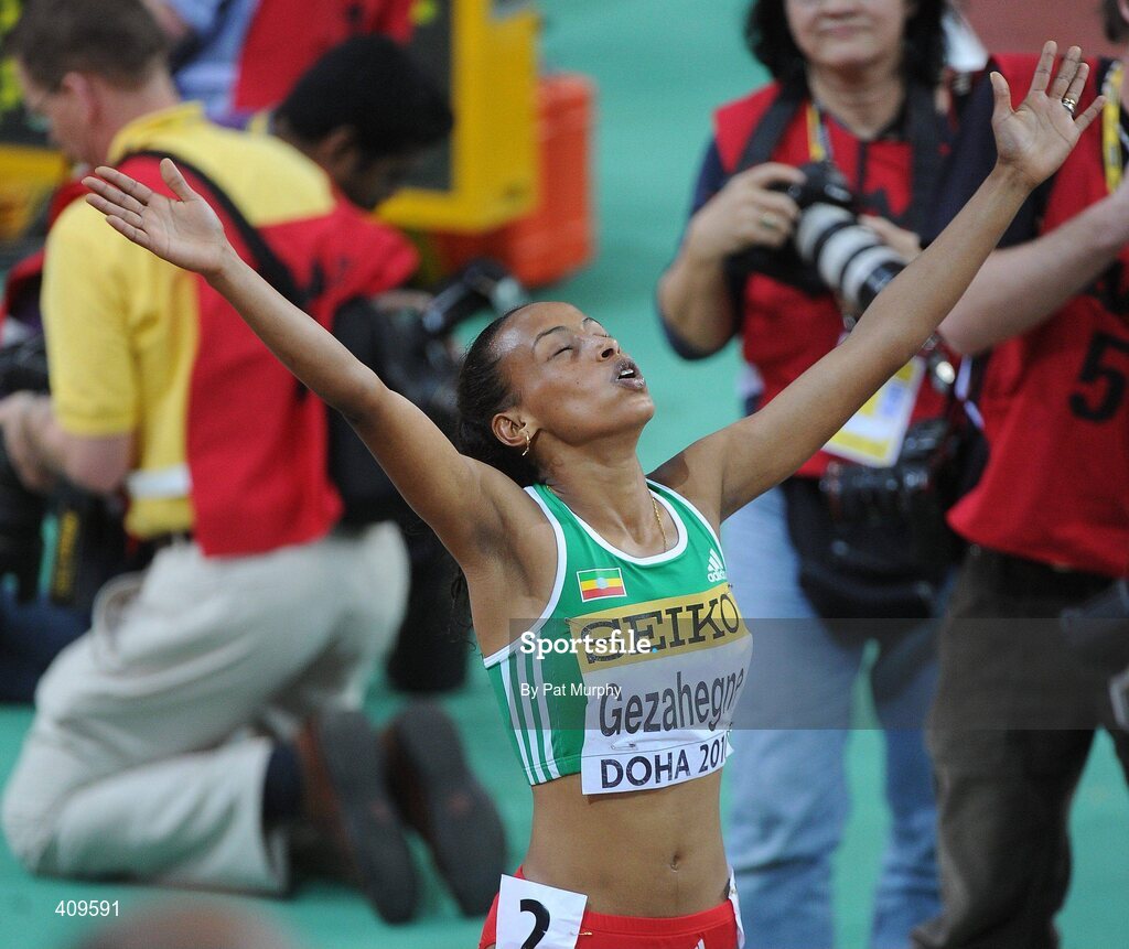 14 March 2010; Kalkidan Gezahegne, Ethiopia, celebrates after winning the Women's 1500m Final at the 13th IAAF World Indoor Athletics Championships, Doha, Qatar. Picture credit: Pat Murphy / SPORTSFILE
