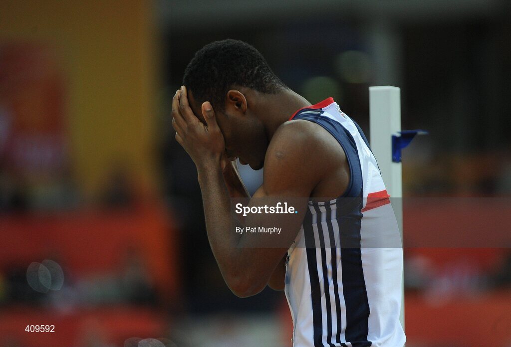 14 March 2010; Samson Oni, Great Britain, shows his disapointment after being eliminated from the Men's High Jump Final at the 13th IAAF World Indoor Athletics Championships, Doha, Qatar. Picture credit: Pat Murphy / SPORTSFILE