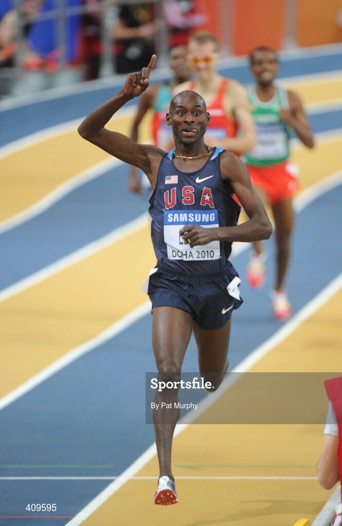 14 March 2010; Bernard Lagat, USA, crosses the finish line to win the Men's 3000m Final at the 13th IAAF World Indoor Athletics Championships, Doha, Qatar. Picture credit: Pat Murphy / SPORTSFILE