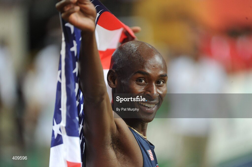 14 March 2010; Bernard Lagat, USA, celebrates after winning the Men's 3000m Final at the 13th IAAF World Indoor Athletics Championships, Doha, Qatar. Picture credit: Pat Murphy / SPORTSFILE