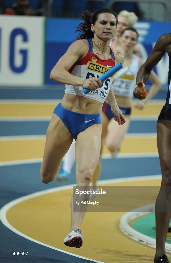 14 March 2010; Russia's Tatyana Firova leads her team to second place in the Women's 4x400m Women's Relay Final at the 13th IAAF World Indoor Athletics Championships, Doha, Qatar. Picture credit: Pat Murphy / SPORTSFILE