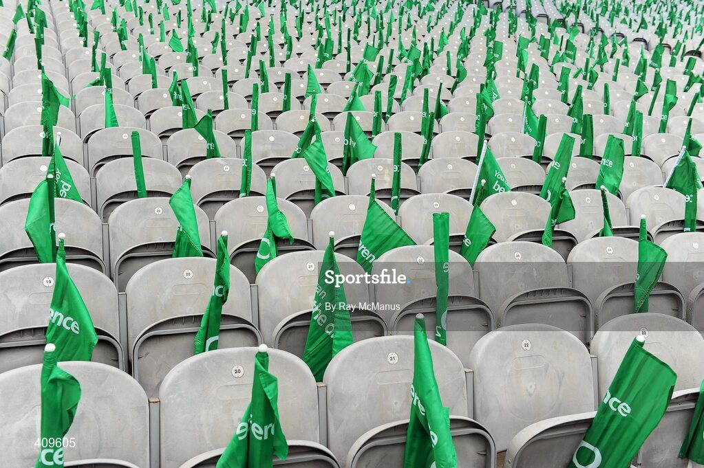 13 March 2010; Flags and empty seats awaits the arrival of patrons for the game. RBS Six Nations Rugby Championship, Ireland v Wales, Croke Park, Dublin. Picture credit: Ray McManus / SPORTSFILE