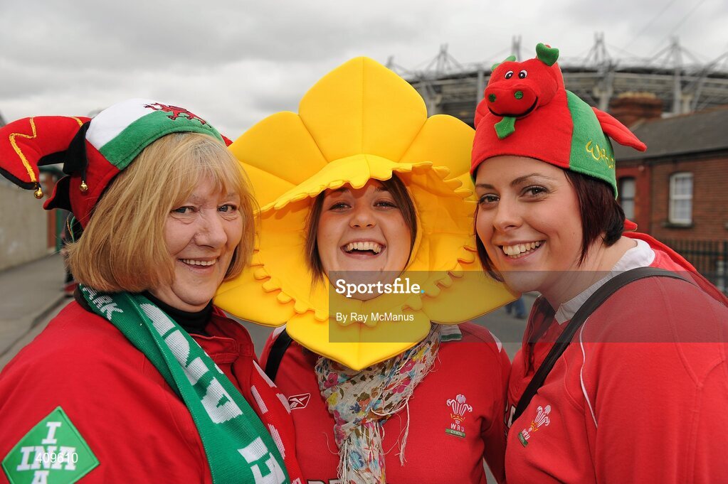 13 March 2010; Diane Turner, left, Rhiannon Lewis, and Faye Starkey, right, from Fishguard, Wales, on their way to the game. RBS Six Nations Rugby Championship, Ireland v Wales, Croke Park, Dublin. Picture credit: Ray McManus / SPORTSFILE