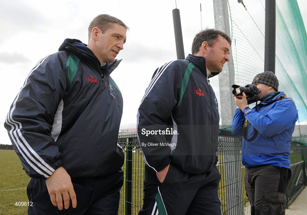 14 March 2010; Kildare manager Kieran McGeeney, left, with selector Aidan O'Rourke as they leave the field. Allianz GAA Football National League, Division 2, Round 4, Armagh v Kildare, St Oliver Plunkett Park, Crossmaglen, Co. Armagh. Picture credit: Oliver McVeigh / SPORTSFILE