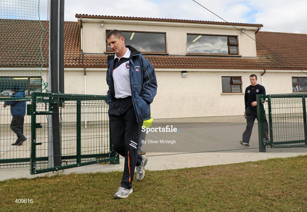 14 March 2010; Armagh manager Paddy O'Rourke walks onto the pitch for the start of the game. Allianz GAA Football National League, Division 2, Round 4, Armagh v Kildare, St Oliver Plunkett Park, Crossmaglen, Co. Armagh. Picture credit: Oliver McVeigh / SPORTSFILE