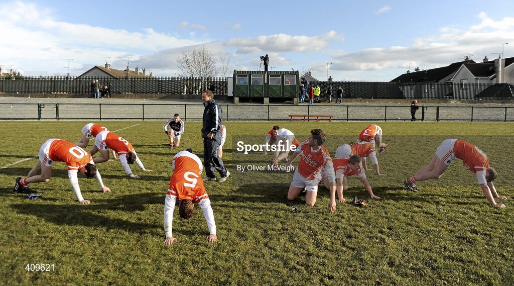 14 March 2010; Armagh fitness coach Mike McGurn and players during the team warm down. Allianz GAA Football National League, Division 2, Round 4, Armagh v Kildare, St Oliver Plunkett Park, Crossmaglen, Co. Armagh. Picture credit: Oliver McVeigh / SPORTSFILE