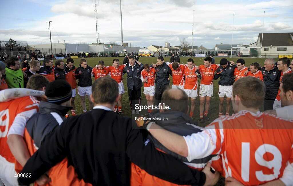 14 March 2010; The Armagh squad in a huddle after the match. Allianz GAA Football National League, Division 2, Round 4, Armagh v Kildare, St Oliver Plunkett Park, Crossmaglen, Co. Armagh. Picture credit: Oliver McVeigh / SPORTSFILE