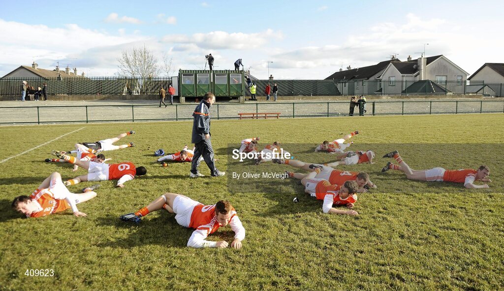14 March 2010; Armagh fitness coach Mike McGurn and players during the team warm down. Allianz GAA Football National League, Division 2, Round 4, Armagh v Kildare, St Oliver Plunkett Park, Crossmaglen, Co. Armagh. Picture credit: Oliver McVeigh / SPORTSFILE