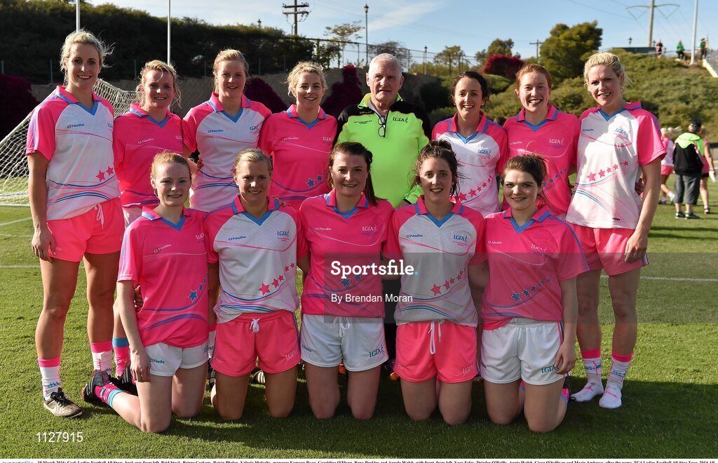 19 March 2016; Cork Ladies Football All Stars, back row from left, Brid Stack, Briege Corkery, Roisin Phelan, Valerie Mulcahy, manager Eamonn Ryan, Geraldine O'Flynn, Rena Buckley and Angela Walsh, with front, from left, Vera Foley, Deirdre O'Reilly, Annie Walsh, Ciara O'Sullivan and Marie Ambrose, after the game. TG4 Ladies Football All-Star Tour, 2014 All Stars v 2015 All Stars. University of San Diego, Torero Stadium, San Diego, California, USA. Picture credit: Brendan Moran / SPORTSFILE
